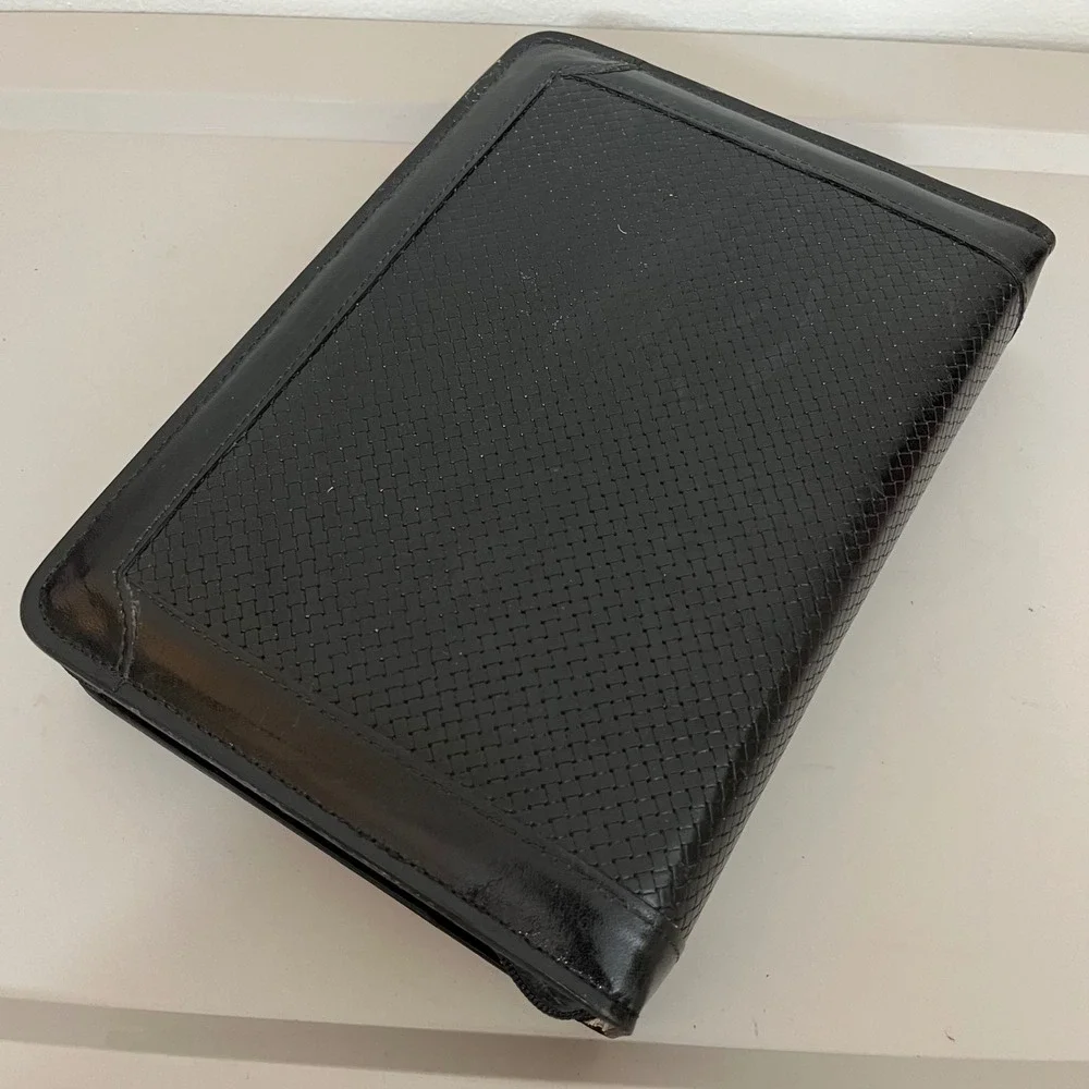 Willow Brook Leather Planner Organizer Black Woven Leather Zip 3 Ring Binder
